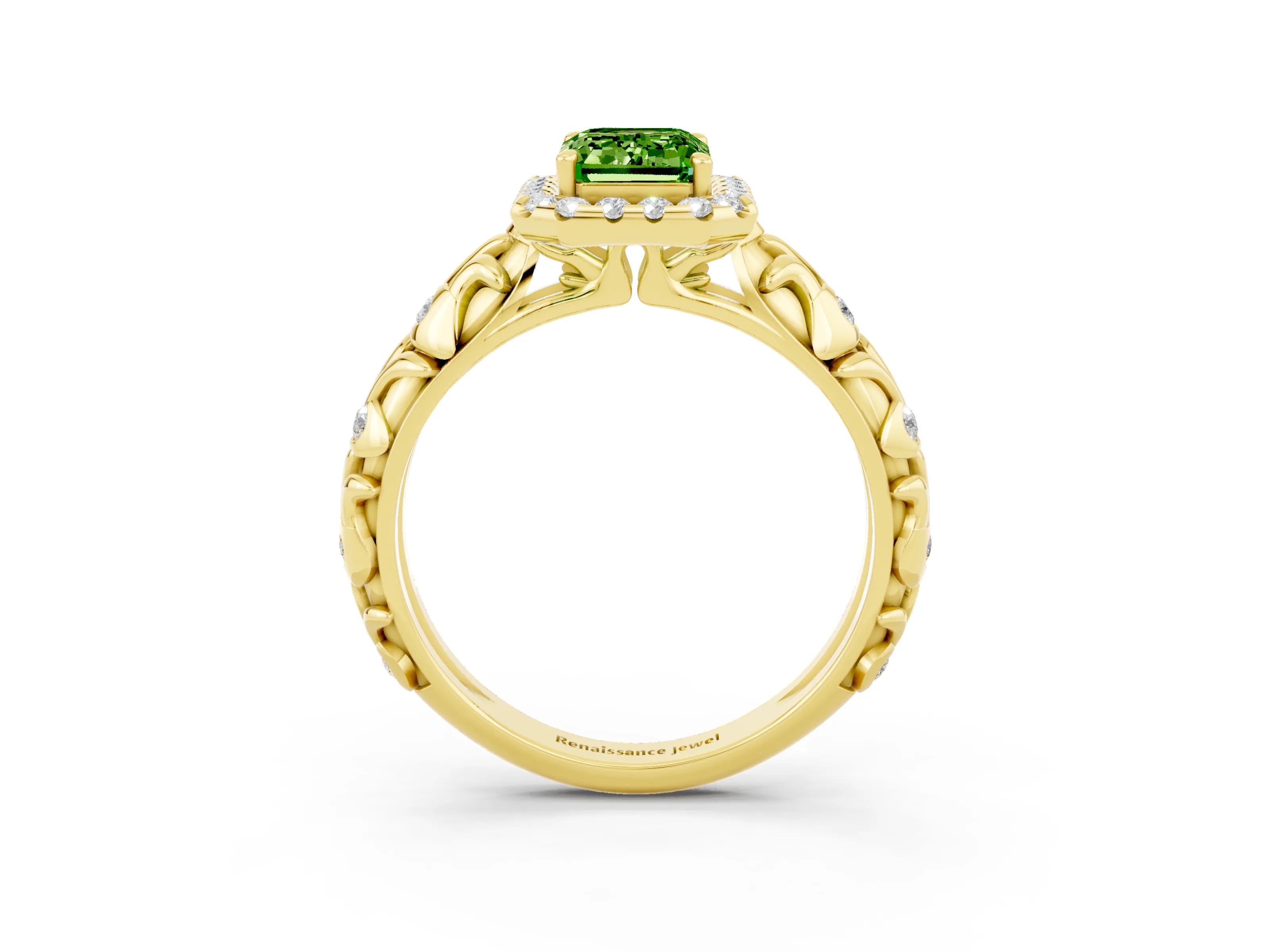 Yellow gold Emerald Cut Halo Diamond Solitaire with Filigree Band and Four-Prong Setting_3