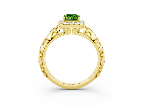 Yellow gold Emerald Cut Peridot Halo Ring with Filigree Band and Prong Setting
