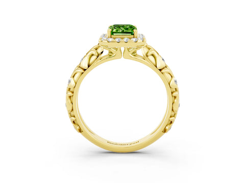 Yellow gold Emerald Cut Halo Diamond Solitaire with Filigree Band and Four-Prong Setting_3
