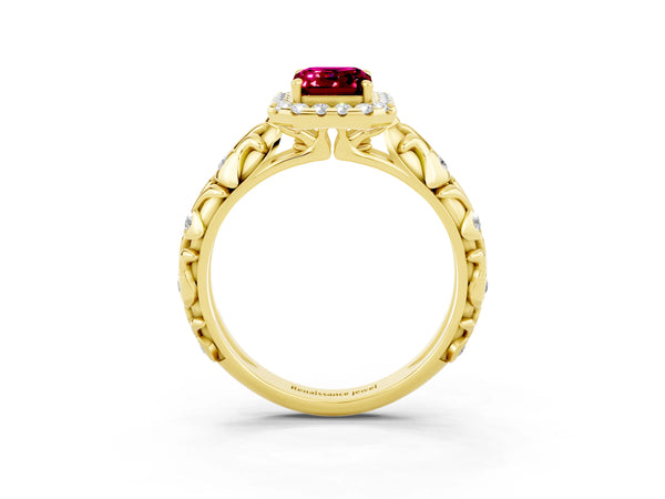 Yellow gold Emerald Cut Garnet Halo Ring with Filigree Band and Prong Setting