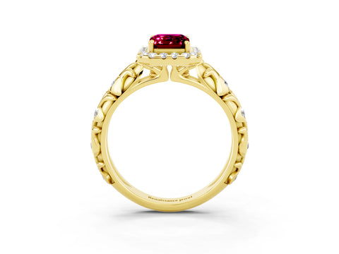 Yellow gold Emerald Cut Halo Diamond Solitaire with Filigree Band and Four-Prong Setting_3