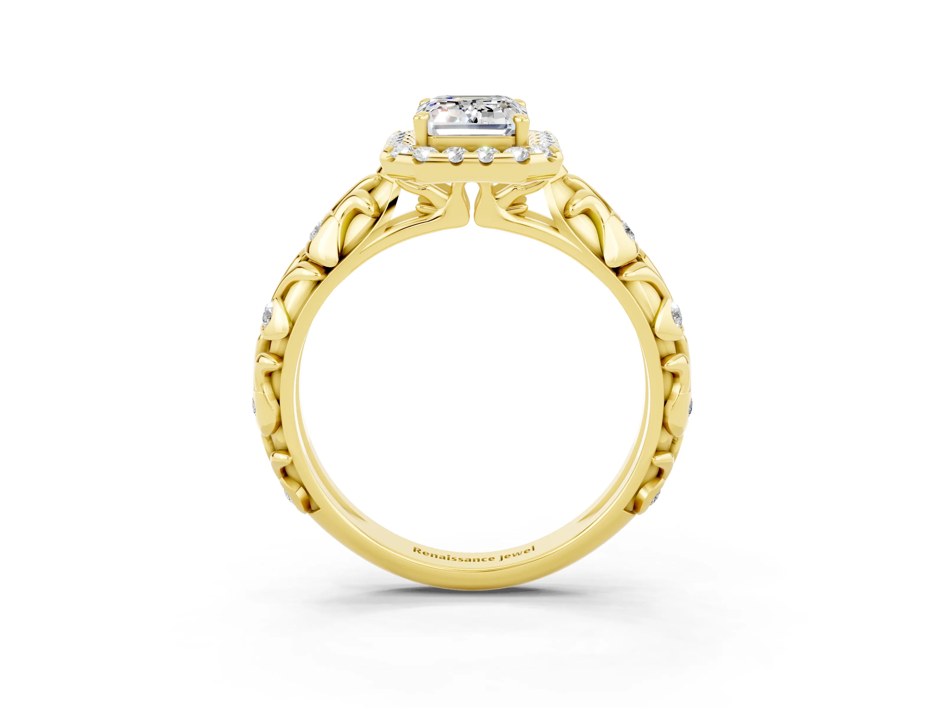 Yellow gold Emerald Cut Halo Diamond Solitaire with Filigree Band and Four-Prong Setting_3