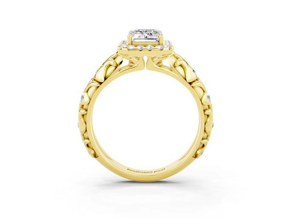 Yellow gold Emerald Cut Moissanite Halo Ring with Filigree Band and Prong Setting