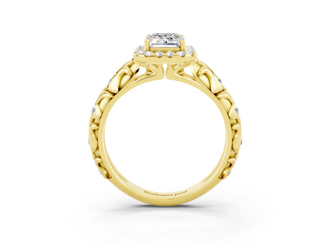 Yellow gold Emerald Cut Halo Diamond Solitaire with Filigree Band and Four-Prong Setting_3