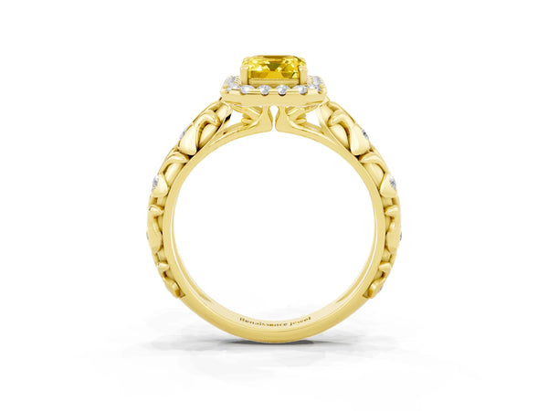 Yellow gold Emerald Cut Yellow Sapphire Halo Ring with Filigree Band and Prong Setting