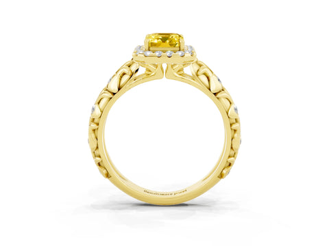 Yellow gold Emerald Cut Halo Diamond Solitaire with Filigree Band and Four-Prong Setting_3