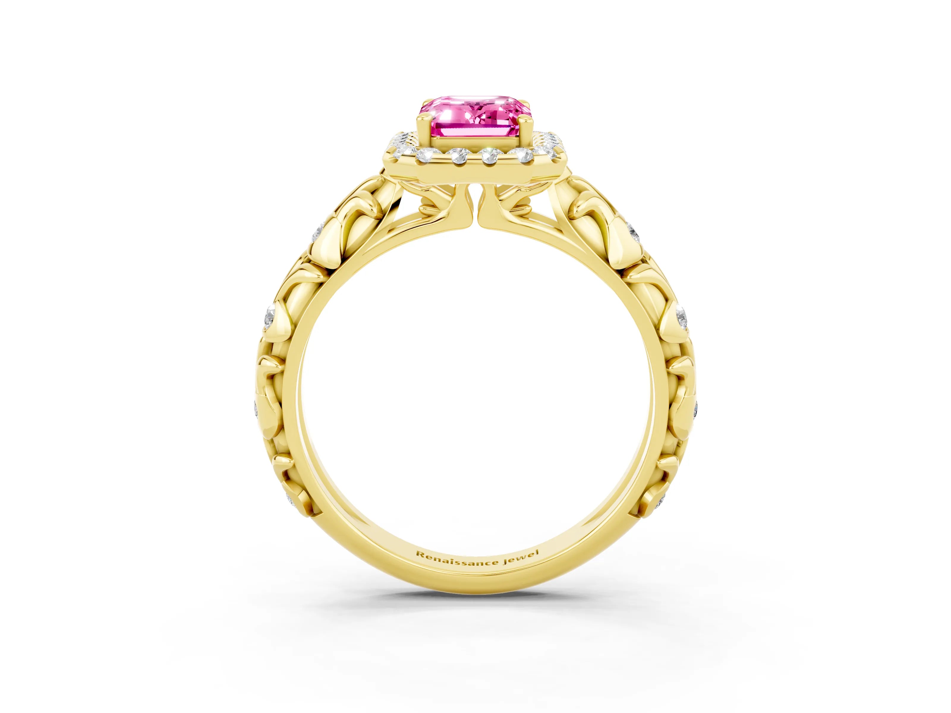 Yellow gold Emerald Cut Halo Diamond Solitaire with Filigree Band and Four-Prong Setting_3
