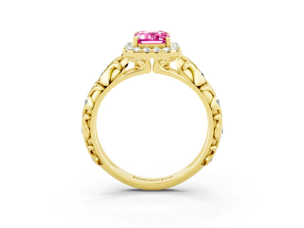 Yellow gold Emerald Cut Pink Sapphire Halo Ring with Filigree Band and Prong Setting