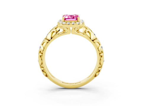 Yellow gold Emerald Cut Halo Diamond Solitaire with Filigree Band and Four-Prong Setting_3