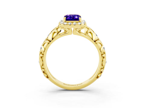 Yellow gold Emerald Cut Halo Diamond Solitaire with Filigree Band and Four-Prong Setting_3