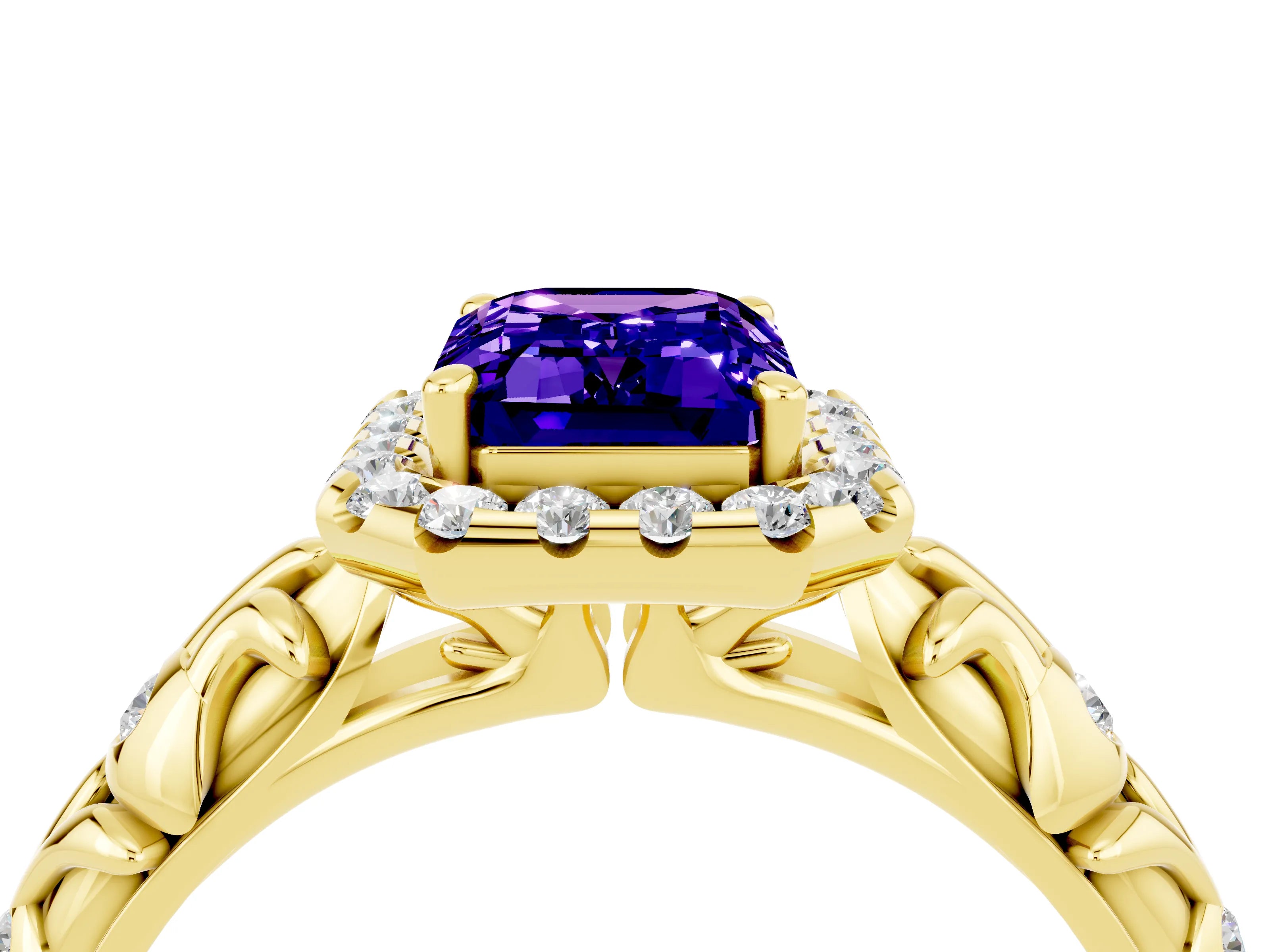 Yellow gold Emerald Cut Halo Diamond Solitaire with Filigree Band and Four-Prong Setting_4