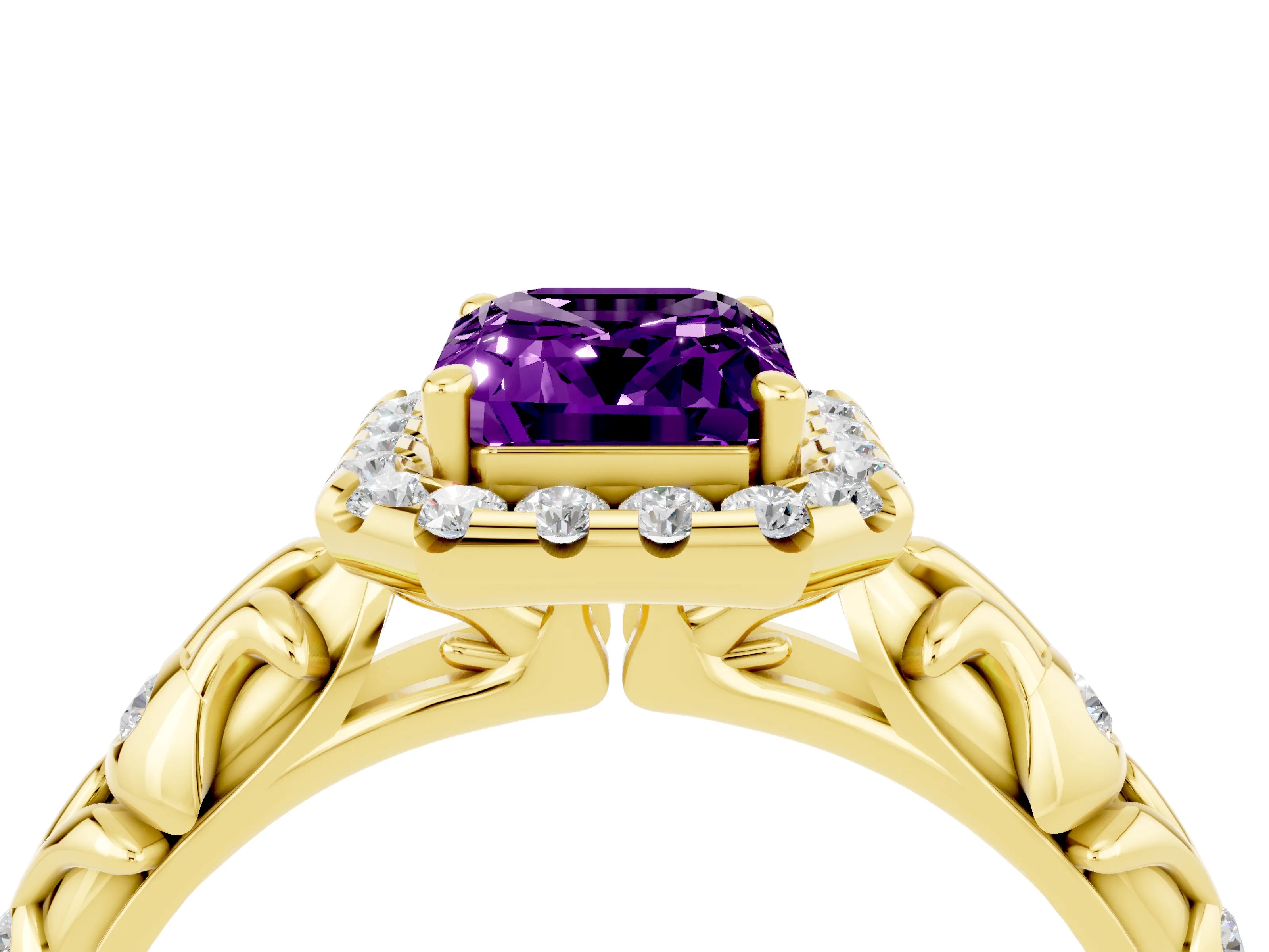 Yellow gold Emerald Cut Halo Diamond Solitaire with Filigree Band and Four-Prong Setting_4