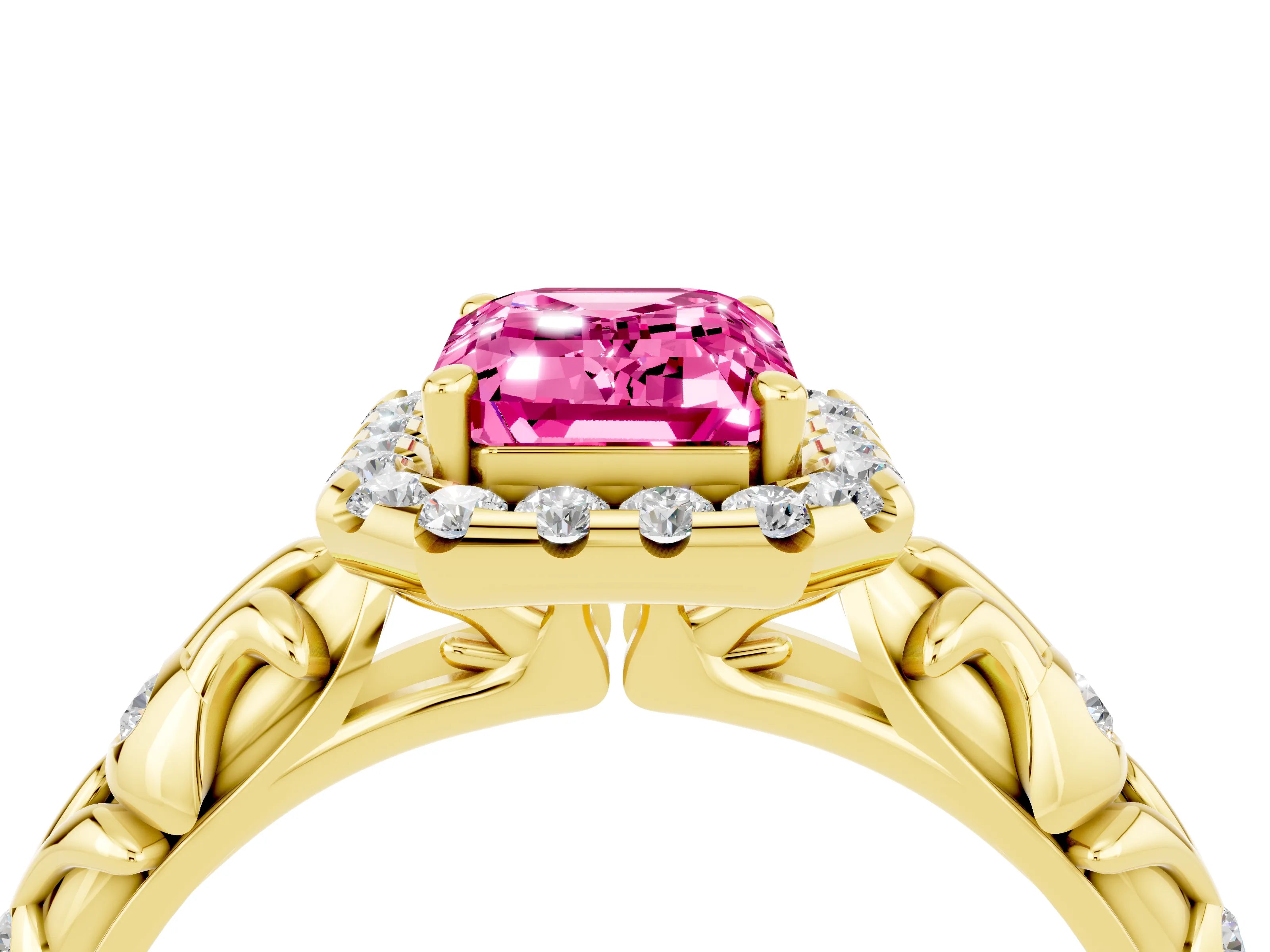 Yellow gold Emerald Cut Halo Diamond Solitaire with Filigree Band and Four-Prong Setting_4