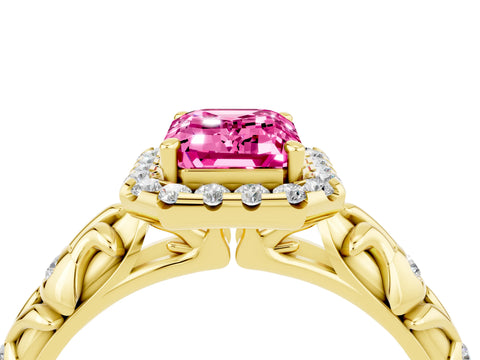 Yellow gold Emerald Cut Halo Diamond Solitaire with Filigree Band and Four-Prong Setting_4