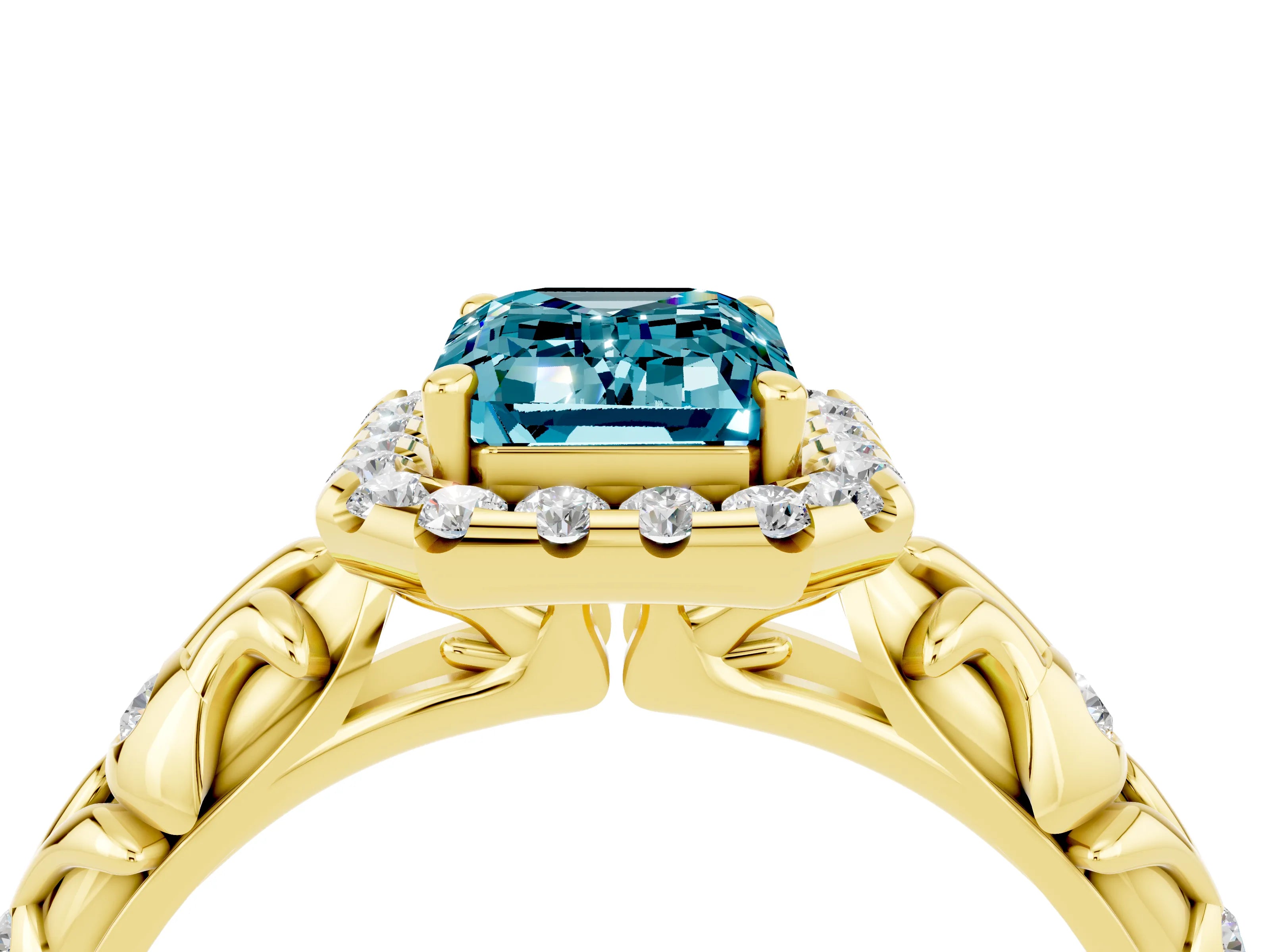 Yellow gold Emerald Cut Halo Diamond Solitaire with Filigree Band and Four-Prong Setting_4