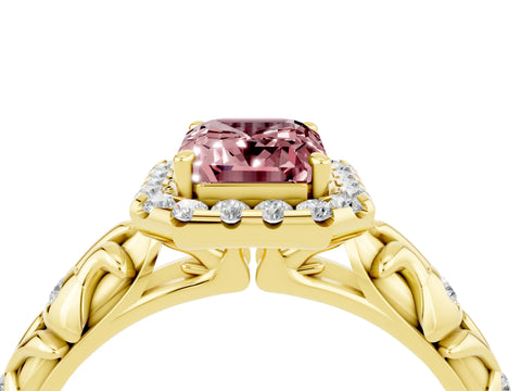 Yellow gold Emerald Cut Halo Diamond Solitaire with Filigree Band and Four-Prong Setting_4