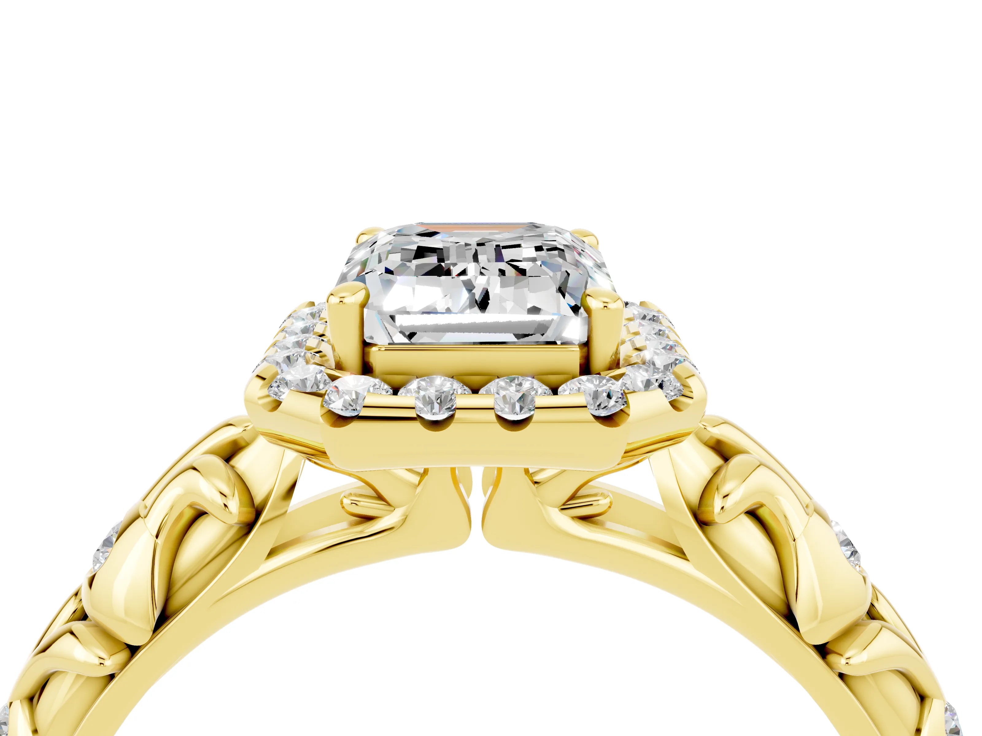Yellow gold Emerald Cut Halo Diamond Solitaire with Filigree Band and Four-Prong Setting_4