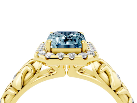 Yellow gold Emerald Cut Halo Diamond Solitaire with Filigree Band and Four-Prong Setting_4