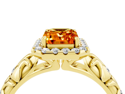Yellow gold Emerald Cut Halo Diamond Solitaire with Filigree Band and Four-Prong Setting_4