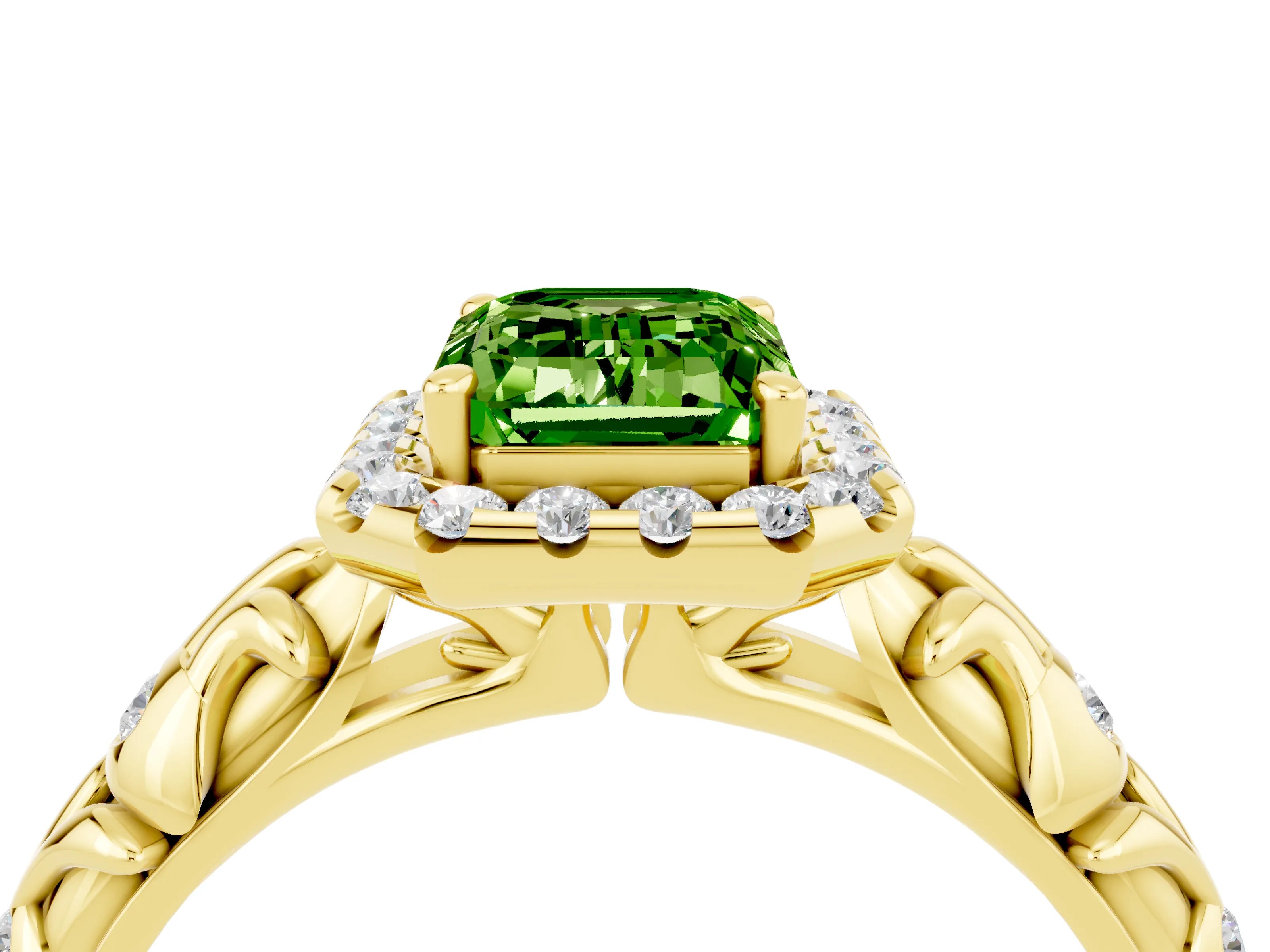 Yellow gold Emerald Cut Halo Diamond Solitaire with Filigree Band and Four-Prong Setting_4