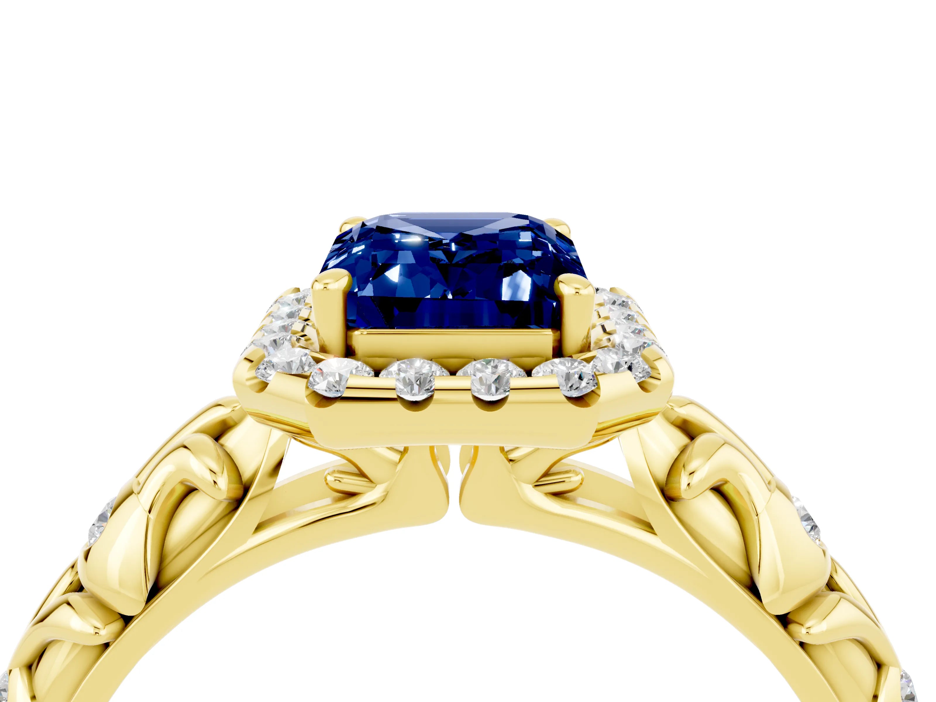 Yellow gold Emerald Cut Halo Diamond Solitaire with Filigree Band and Four-Prong Setting_4