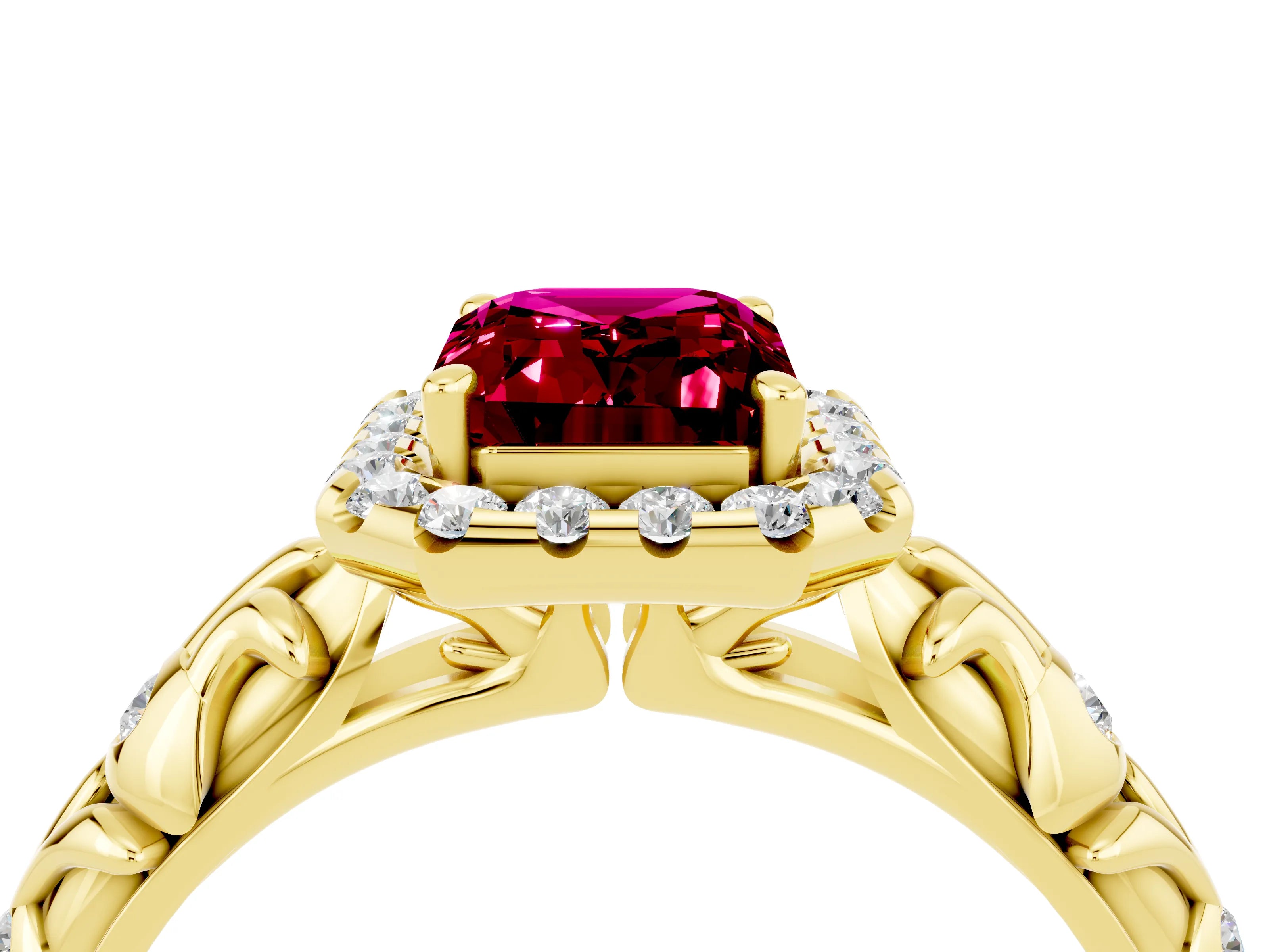 Yellow gold Emerald Cut Halo Diamond Solitaire with Filigree Band and Four-Prong Setting_4