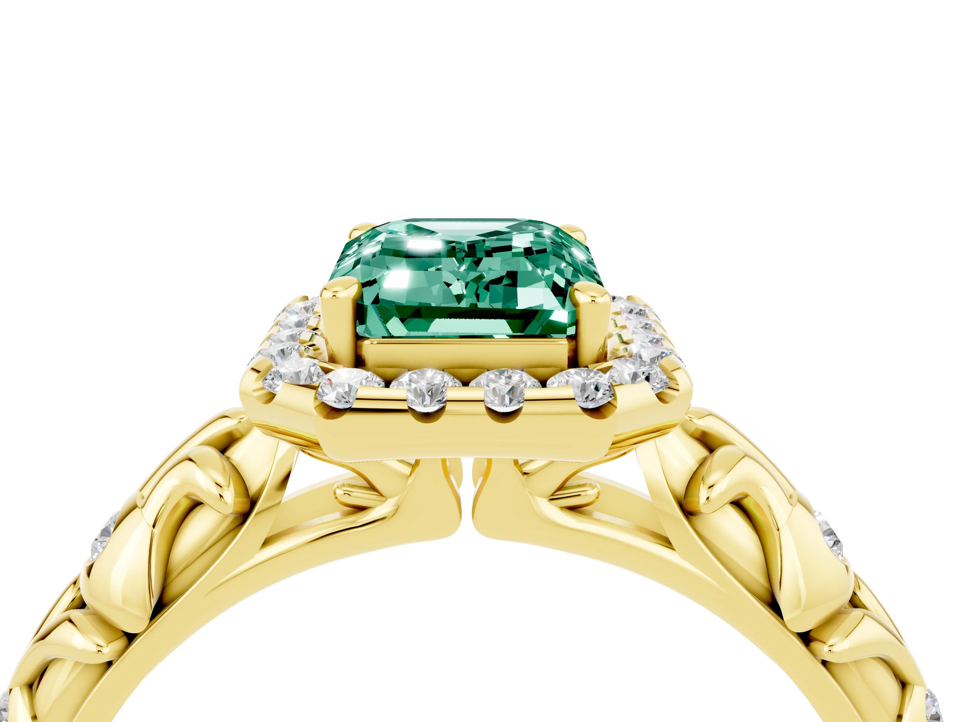 Yellow gold Emerald Cut Halo Diamond Solitaire with Filigree Band and Four-Prong Setting_4