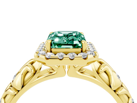 Yellow gold Emerald Cut Halo Diamond Solitaire with Filigree Band and Four-Prong Setting_4