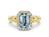 Yellow gold Emerald Cut Halo Diamond Solitaire with Filigree Band and Four-Prong Setting