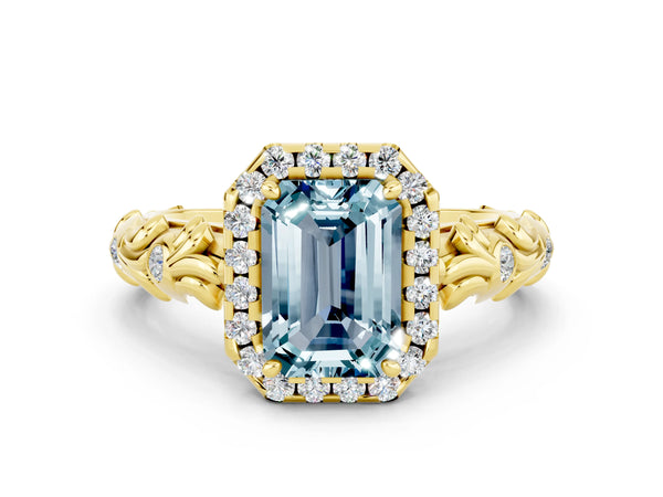 Yellow gold Emerald Cut Aquamarine Halo Ring with Filigree Band and Prong Setting
