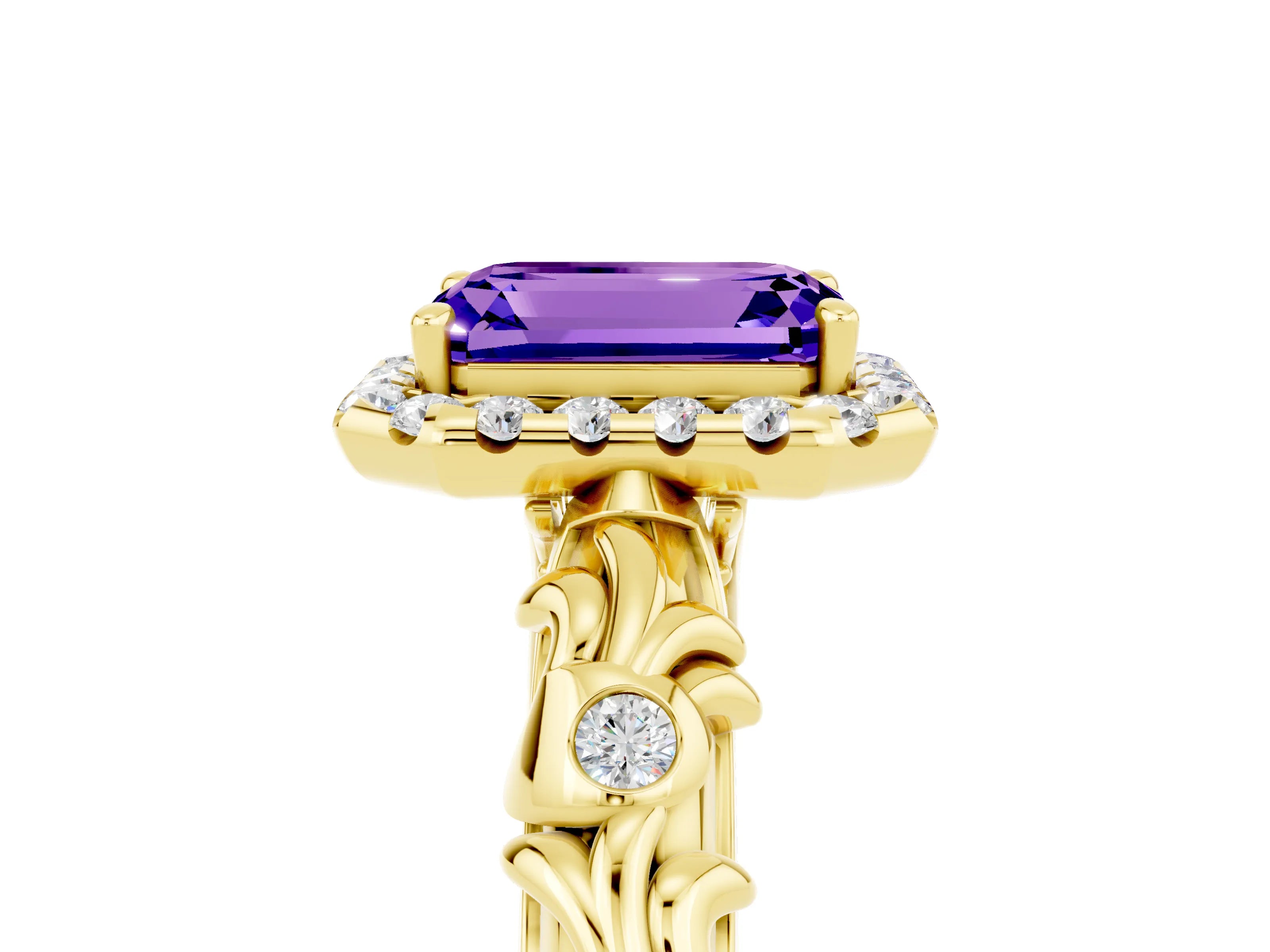 Yellow gold Emerald Cut Halo Diamond Solitaire with Filigree Band and Four-Prong Setting_5