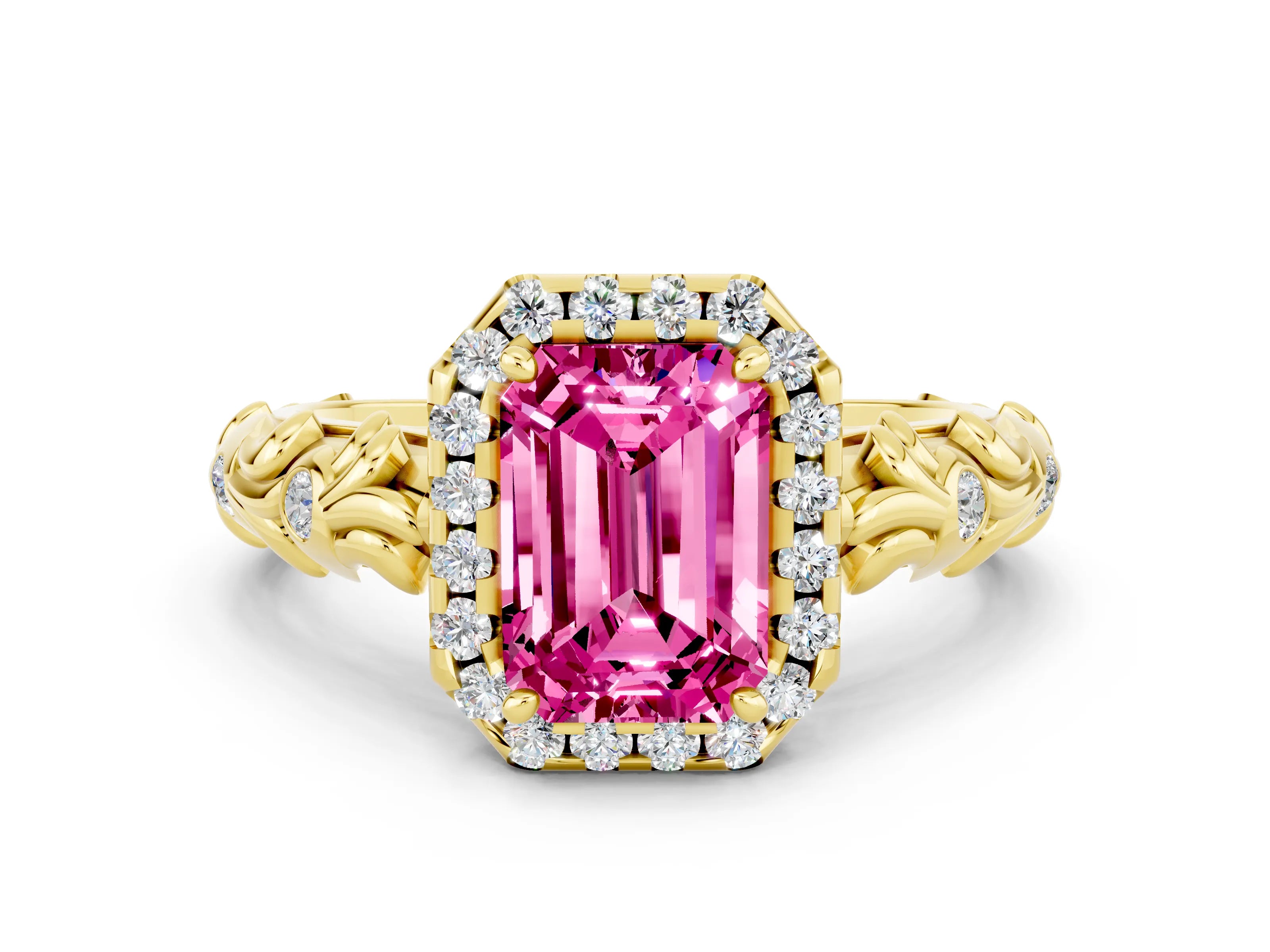 Yellow gold Emerald Cut Halo Diamond Solitaire with Filigree Band and Four-Prong Setting