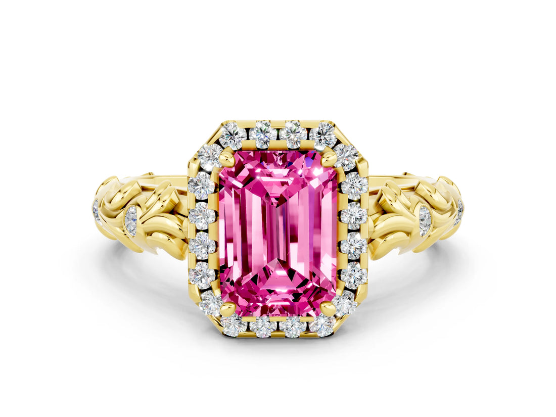 Yellow gold Emerald Cut Halo Diamond Solitaire with Filigree Band and Four-Prong Setting