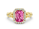 Yellow gold Emerald Cut Halo Diamond Solitaire with Filigree Band and Four-Prong Setting