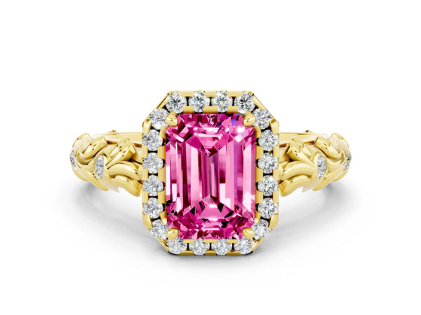 Yellow gold Emerald Cut Pink Sapphire Halo Ring with Filigree Band and Prong Setting