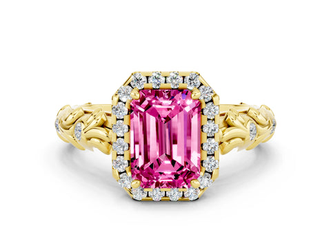 Yellow gold Emerald Cut Halo Diamond Solitaire with Filigree Band and Four-Prong Setting