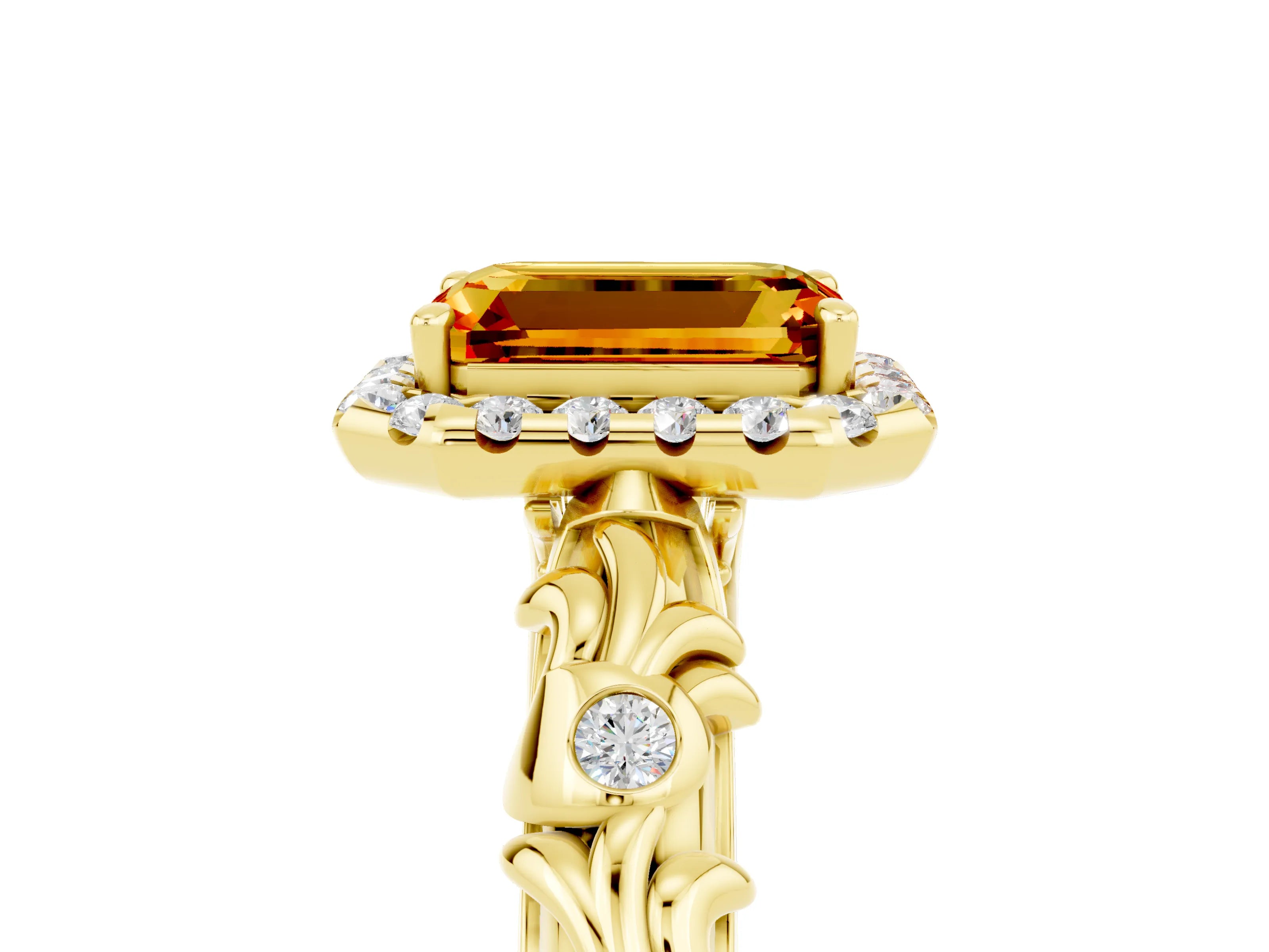 Yellow gold Emerald Cut Halo Diamond Solitaire with Filigree Band and Four-Prong Setting_5