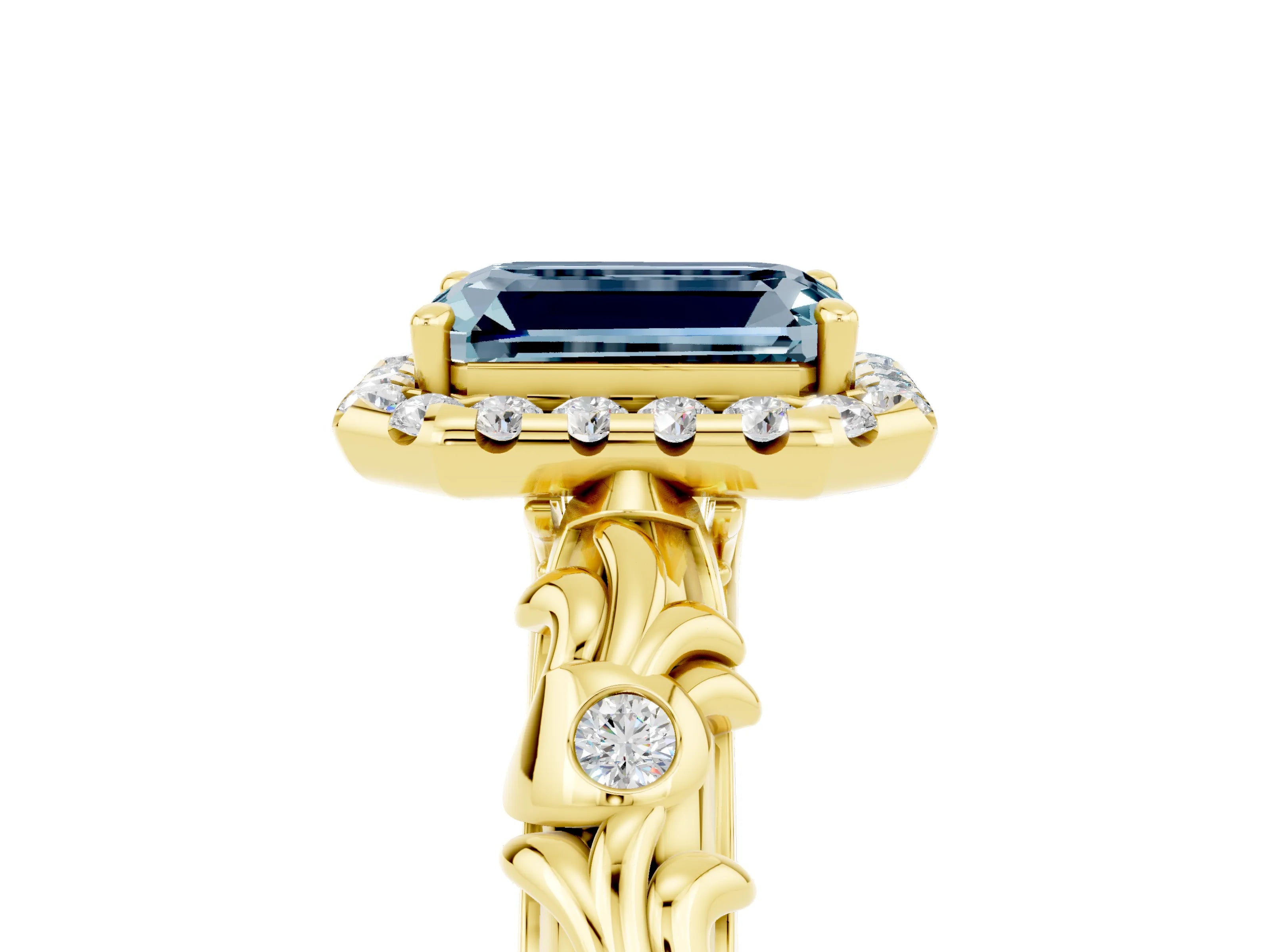 Yellow gold Emerald Cut Halo Diamond Solitaire with Filigree Band and Four-Prong Setting_5