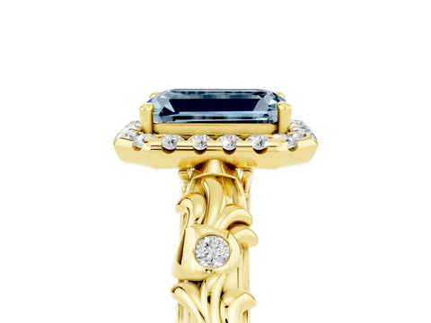 Yellow gold Emerald Cut Halo Diamond Solitaire with Filigree Band and Four-Prong Setting_5
