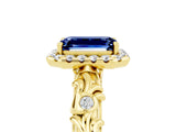 Yellow gold Emerald Cut Halo Diamond Solitaire with Filigree Band and Four-Prong Setting_5