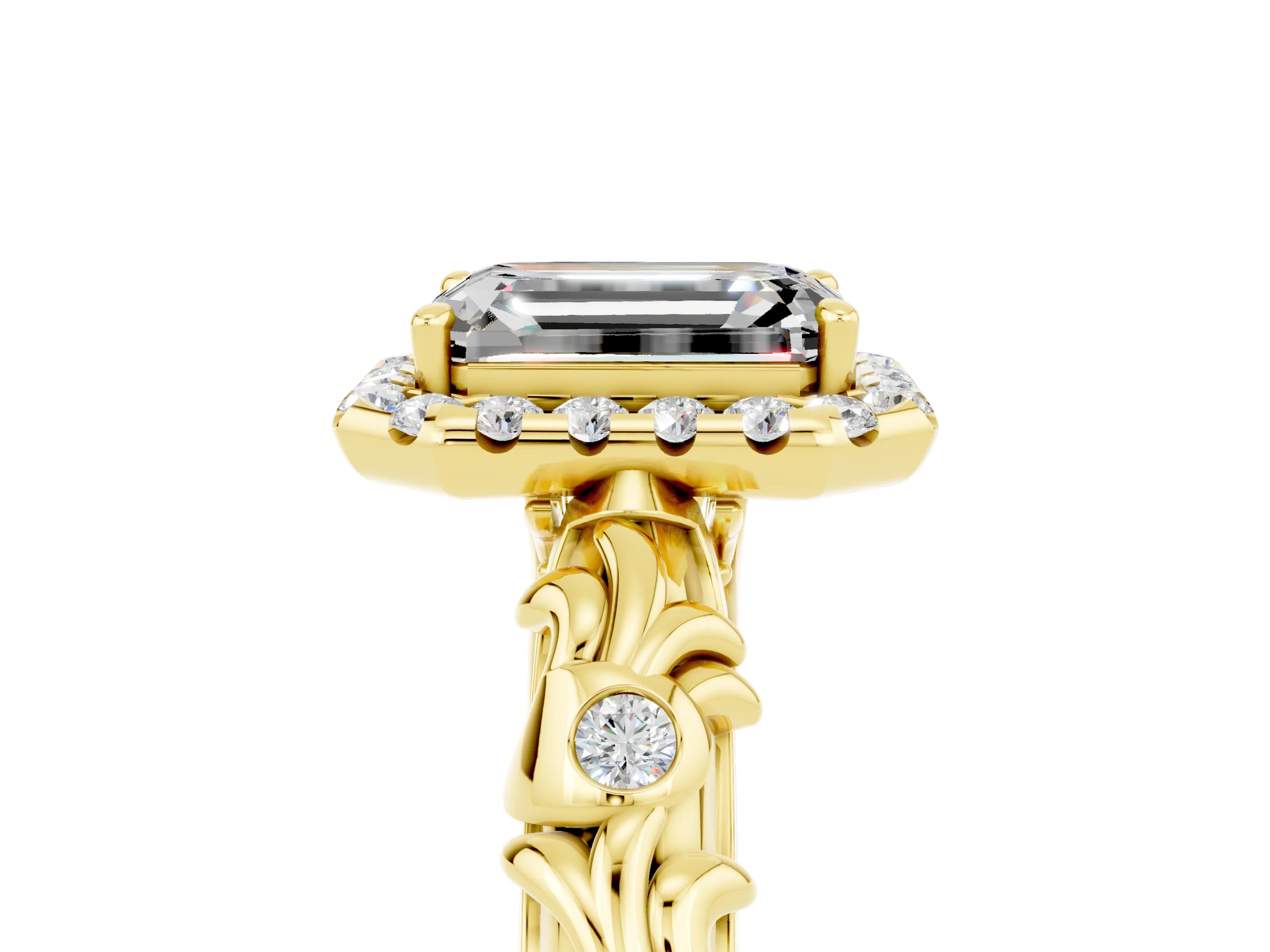 Yellow gold Emerald Cut Halo Diamond Solitaire with Filigree Band and Four-Prong Setting_5