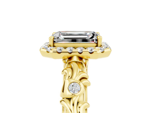 Yellow gold Emerald Cut Halo Diamond Solitaire with Filigree Band and Four-Prong Setting_5