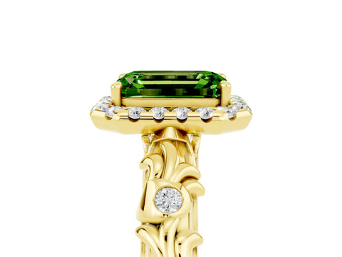 Yellow gold Emerald Cut Halo Diamond Solitaire with Filigree Band and Four-Prong Setting_5