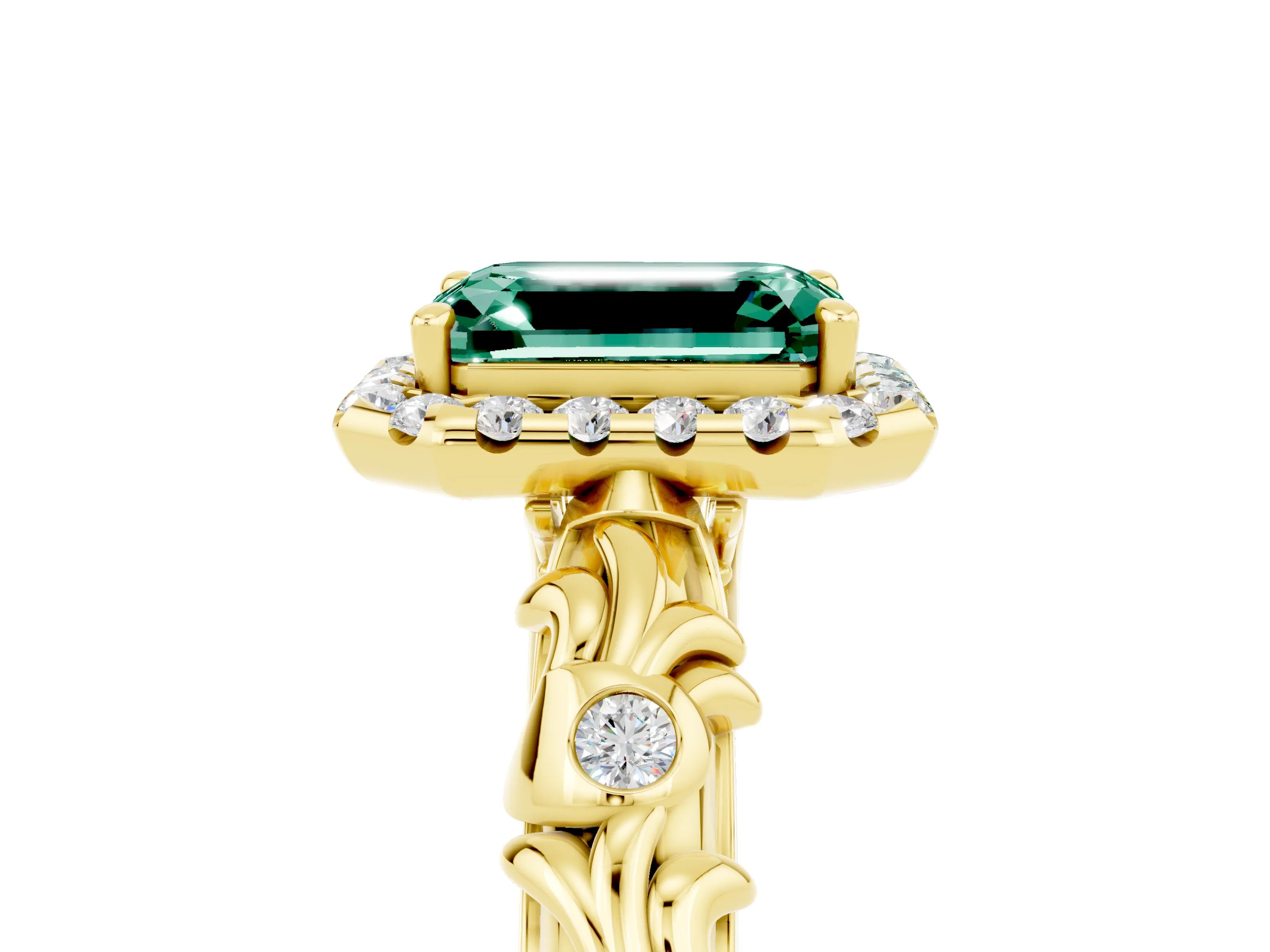 Yellow gold Emerald Cut Halo Diamond Solitaire with Filigree Band and Four-Prong Setting_5
