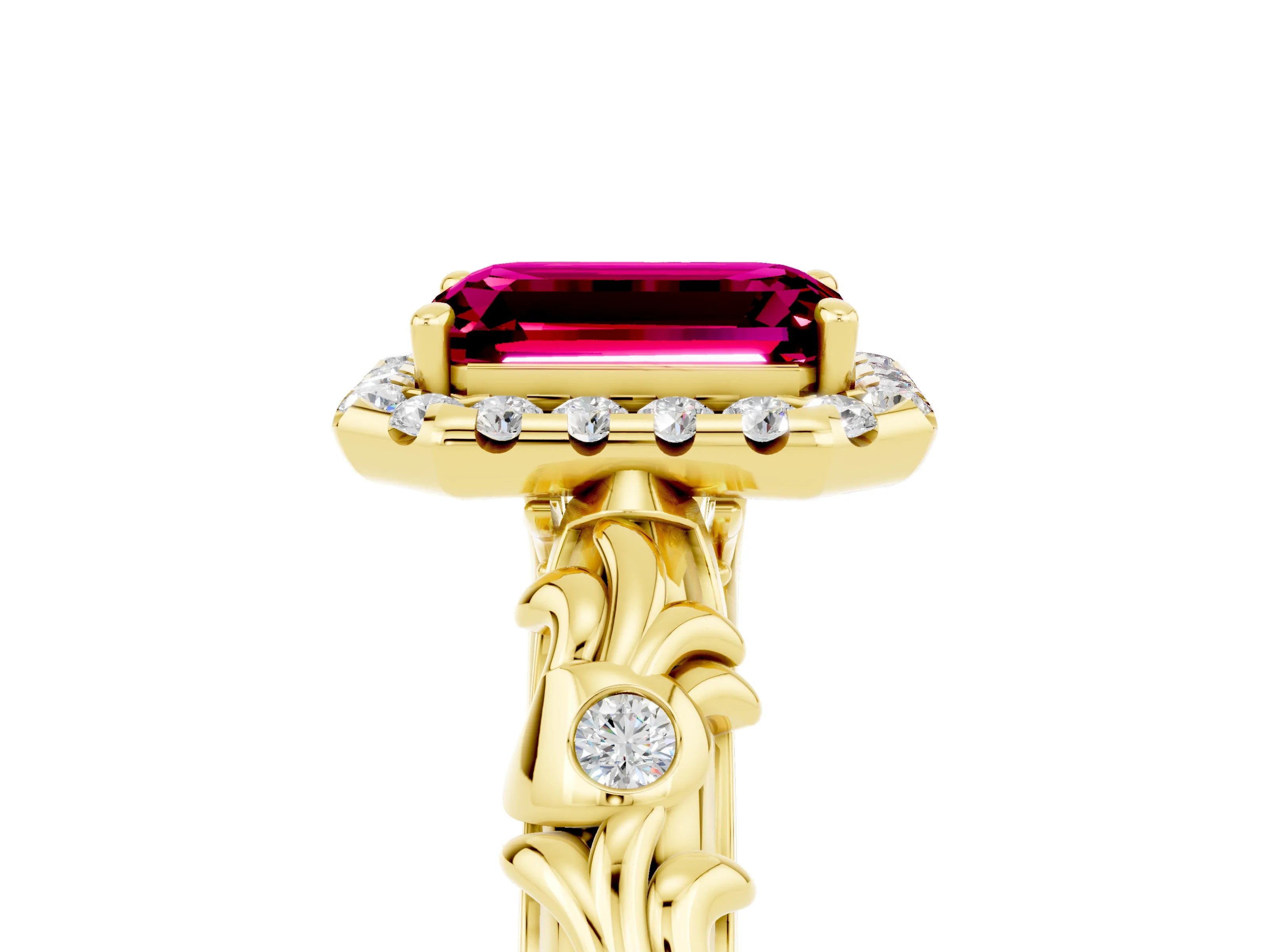 Yellow gold Emerald Cut Halo Diamond Solitaire with Filigree Band and Four-Prong Setting_5
