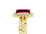 Yellow gold Emerald Cut Halo Diamond Solitaire with Filigree Band and Four-Prong Setting_5