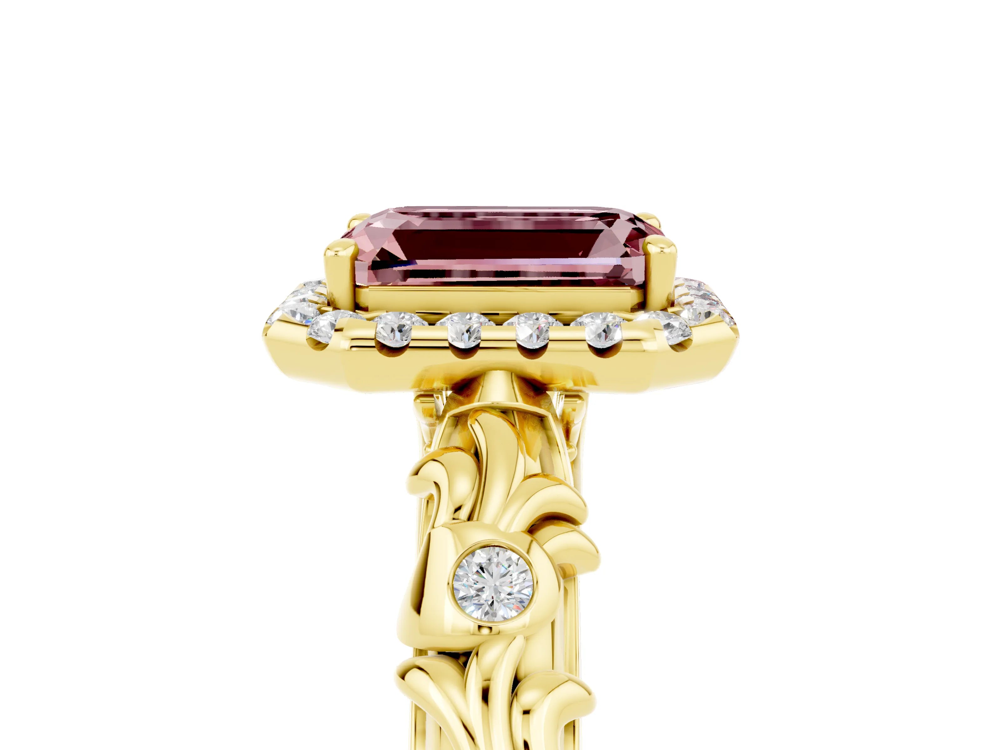 Yellow gold Emerald Cut Halo Diamond Solitaire with Filigree Band and Four-Prong Setting_5