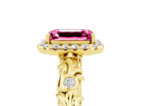 Yellow gold Emerald Cut Halo Diamond Solitaire with Filigree Band and Four-Prong Setting_5