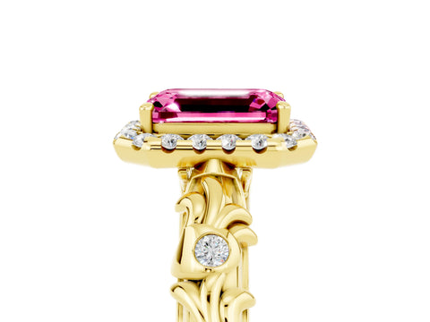 Yellow gold Emerald Cut Halo Diamond Solitaire with Filigree Band and Four-Prong Setting_5