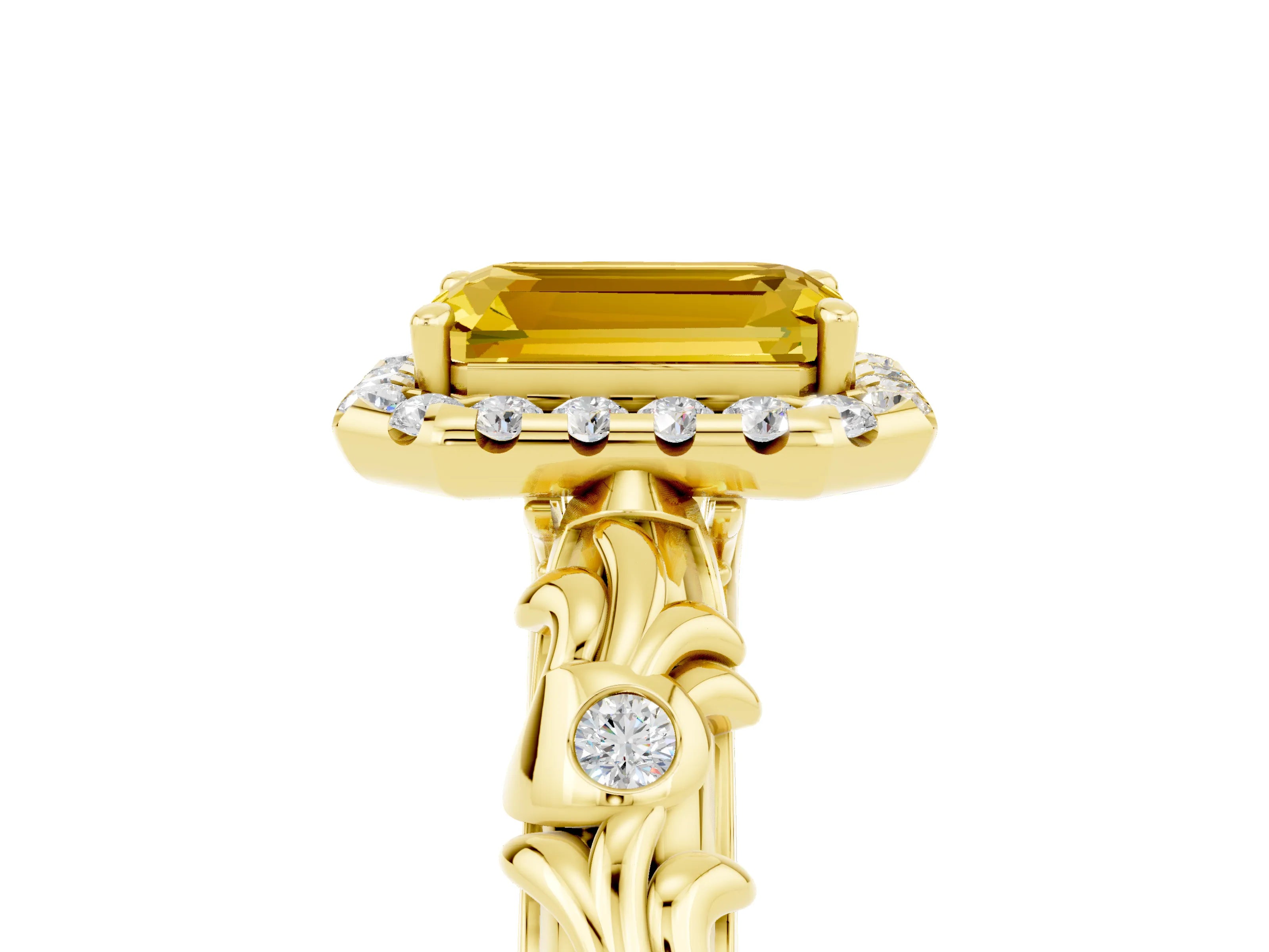 Yellow gold Emerald Cut Halo Diamond Solitaire with Filigree Band and Four-Prong Setting_5
